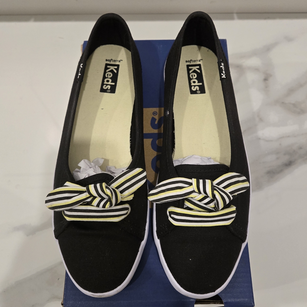Keds Women's Black Slip-On Seaside Canvas Shoes with Striped Bow